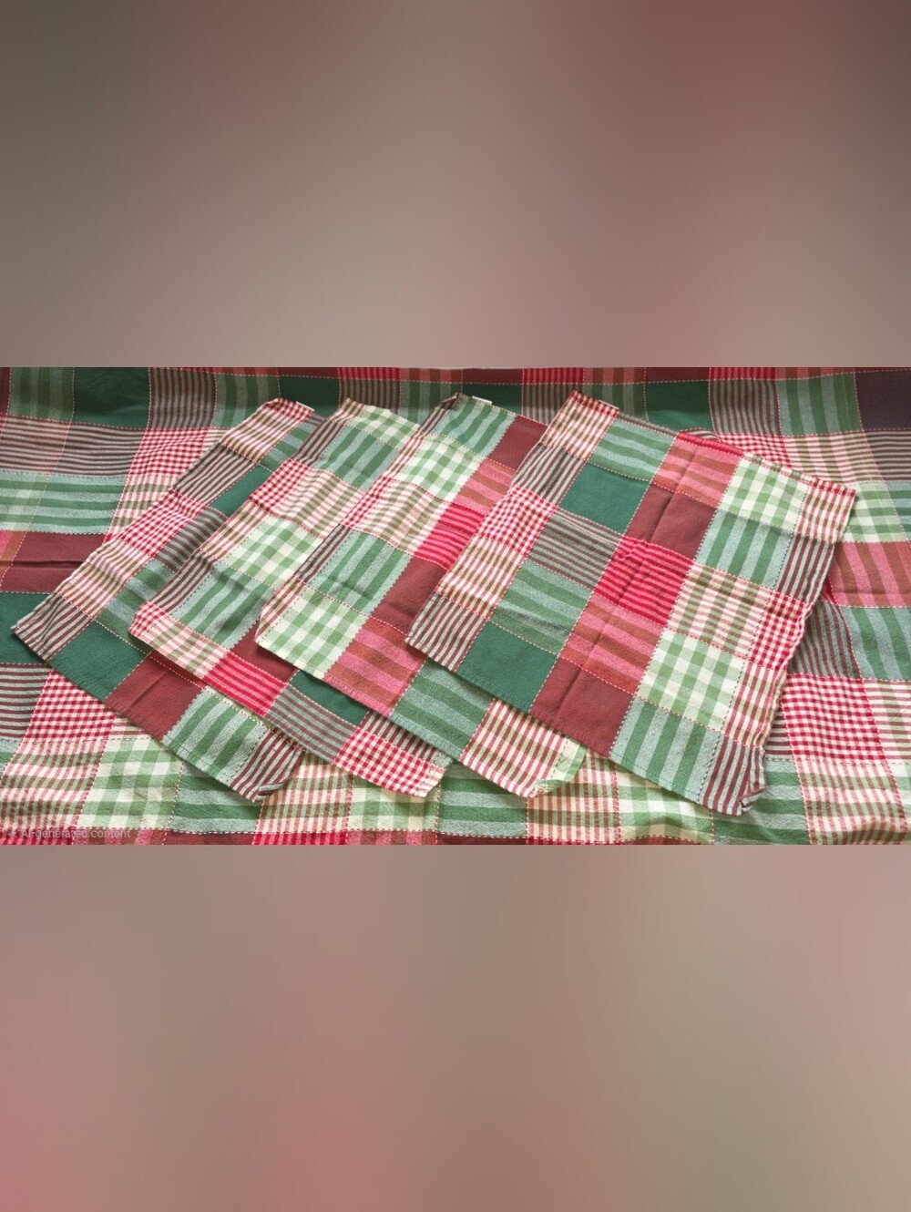 Festive Plaid Patchwork Tablecloth 86" x 54" & x4 Tablemats Set in Red and Green